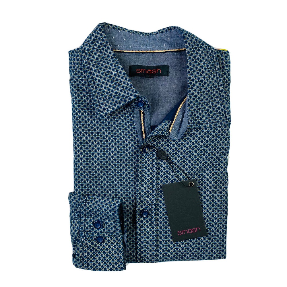 Smash Cotton Blue Geometric Mens Button Front Size Small NWT
